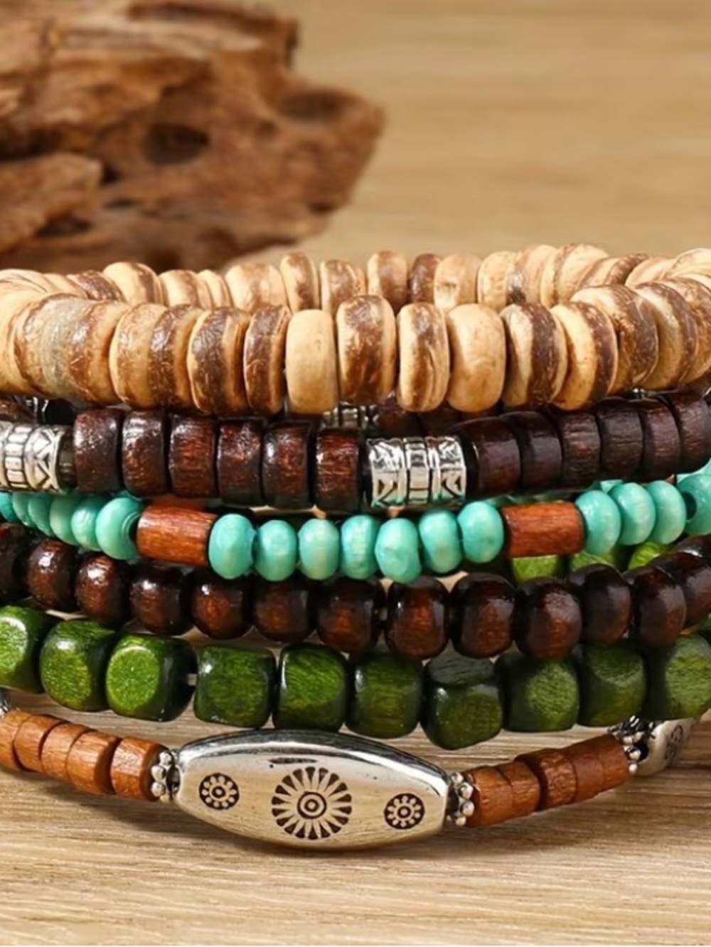 Handmade Mixed-Bead Stackable Bracelet Set - Turquoise, Green, Brown - Picture 3 of 5